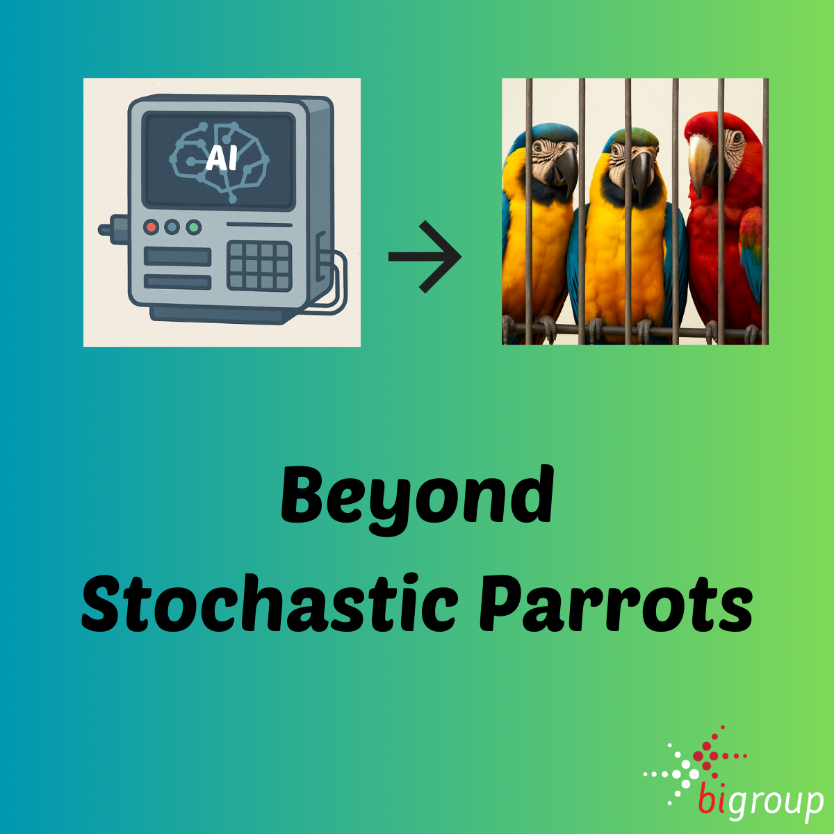parrots in a cage, symbolising how AI language models mimic human speech without understanding meaning.